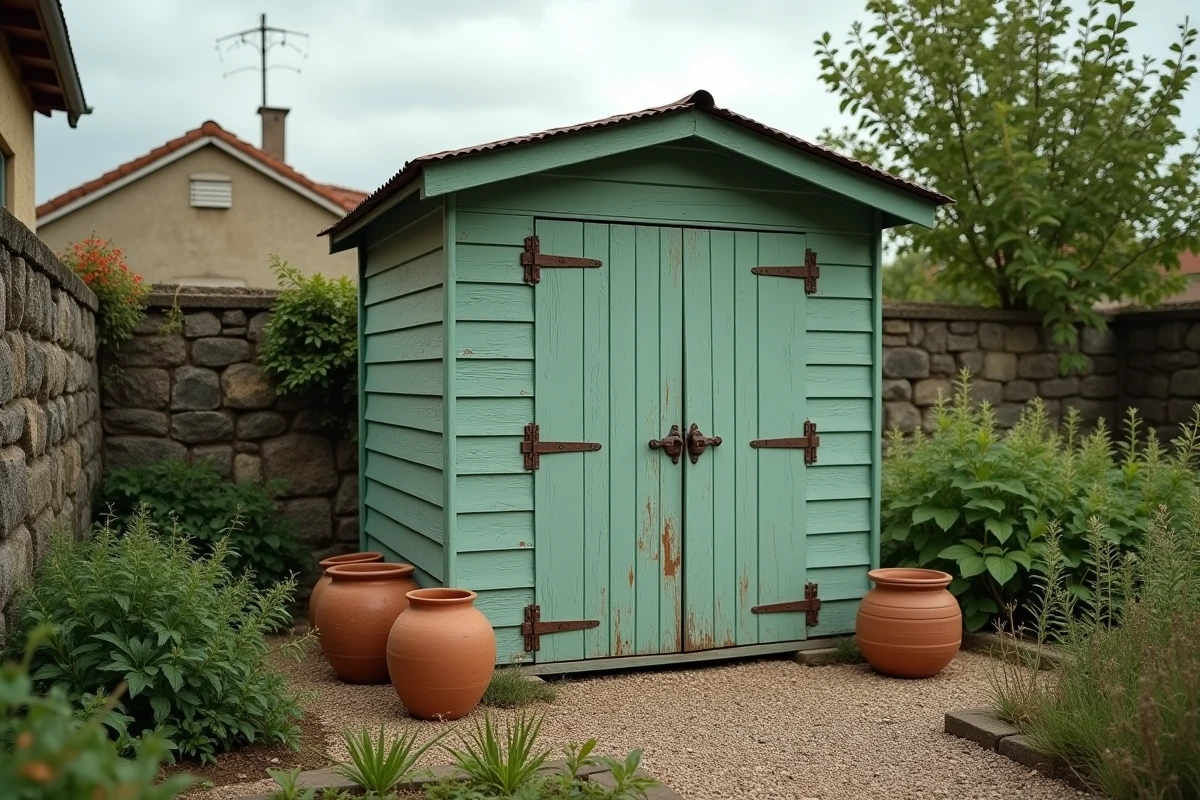 Petit abri de jardin en bois dans un jardin résidentiel français, type de bâtiment non soumis au diagnostic de performance énergétique