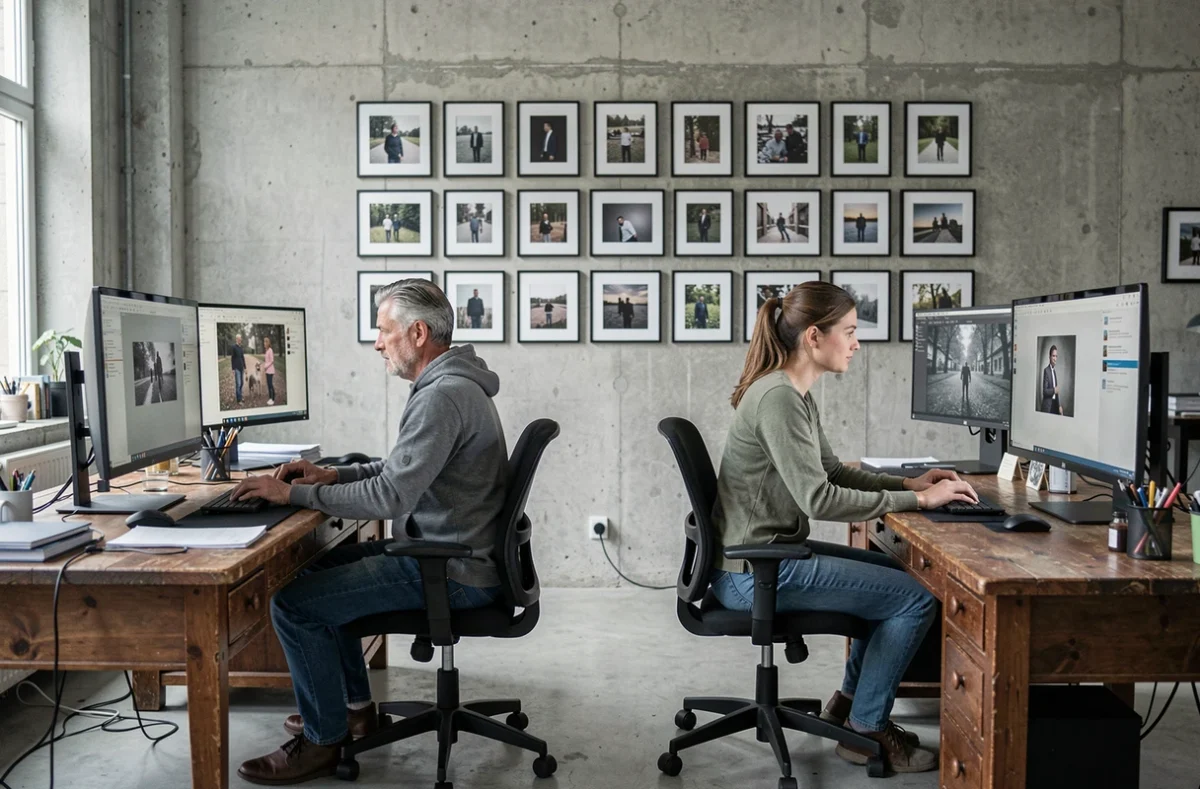 Deux photographes retouchant des images dans un bureau créatif moderne à Rennes – ACB Photos