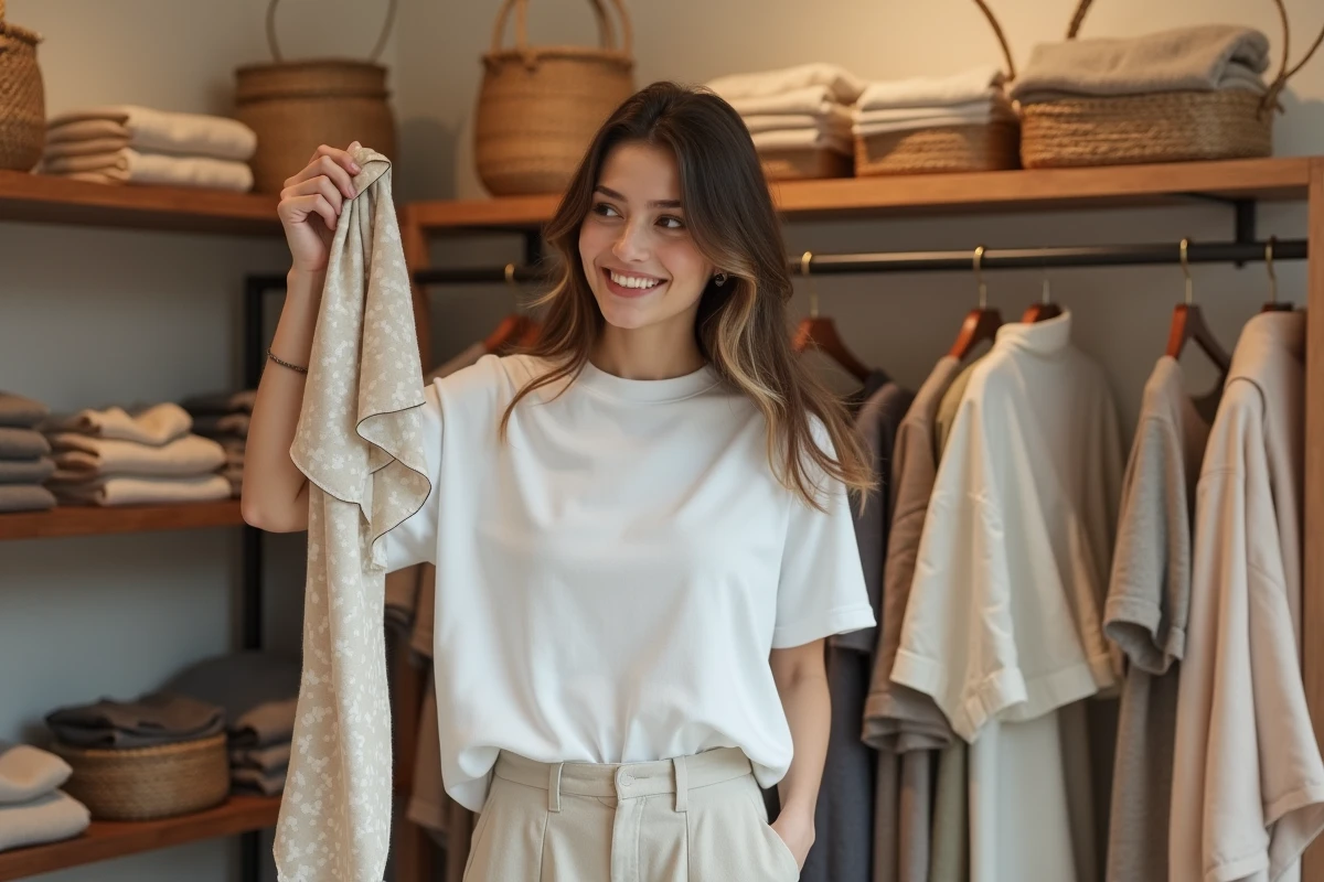 Jeune femme en boutique tenant un foulard en soie, explorant les accessoires comme moyen d'expression personnelle et stylistique