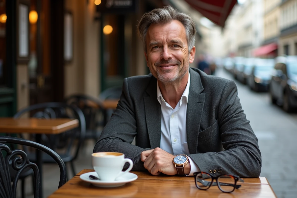 Homme élégant avec montre et lunettes accessoirisés assis en terrasse de café parisien