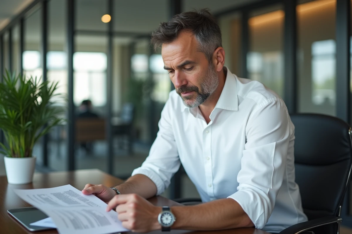 Homme en costume au bureau portant une montre de luxe, symbolisant le rôle des accessoires dans l'image professionnelle