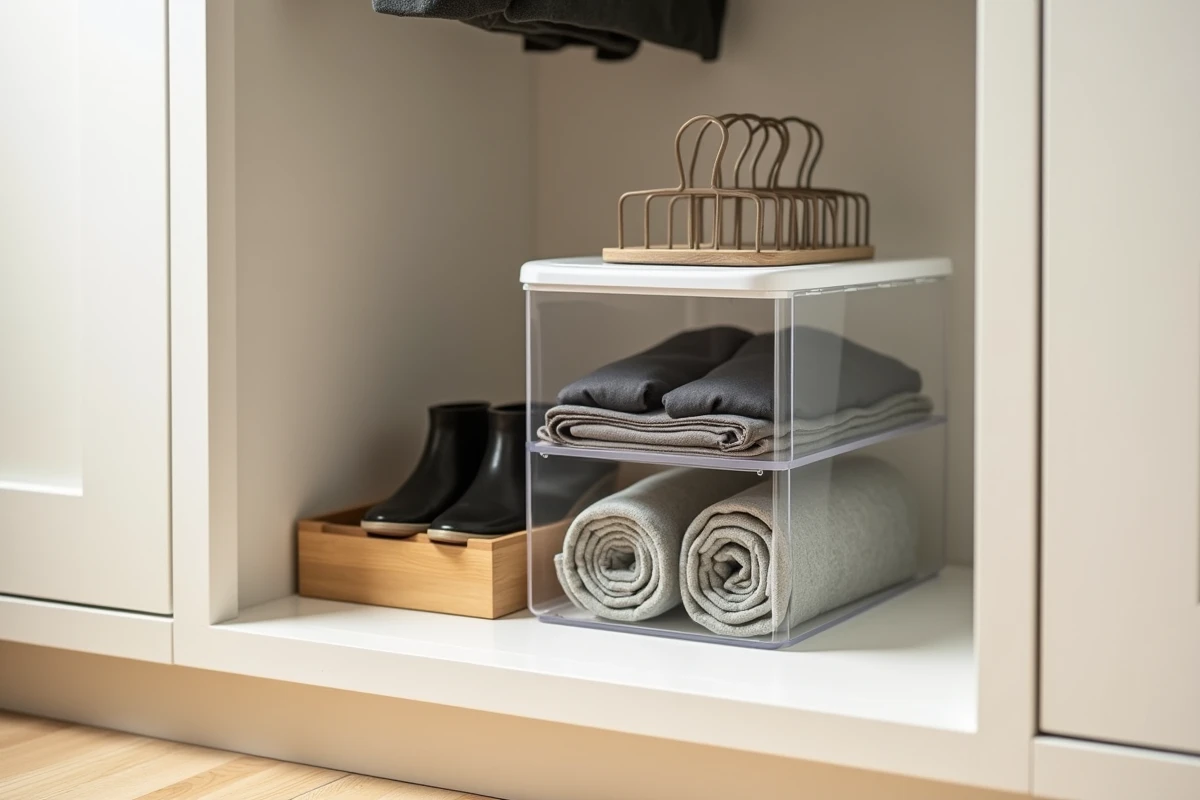 Gros plan sur des accessoires de rangement pour placard : cintres en velours, boîte à chaussures transparente et plateau en bambou pour maximiser l'espace