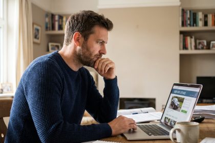Homme scrutant des annonces de voitures d'occasion sur un ordinateur portable à son bureau à domicile