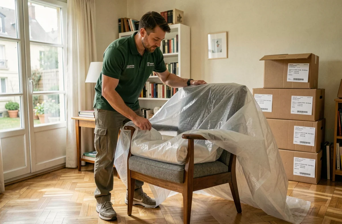 Déménageur ADC emballant soigneusement un fauteuil en bois dans une couverture de déménagement dans un appartement à Annecy