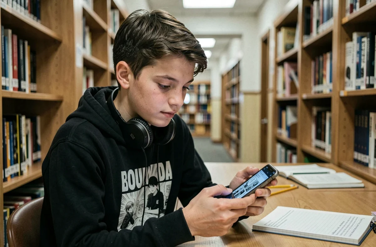 Adolescent consultant des scans de manga sur smartphone dans une bibliothèque publique