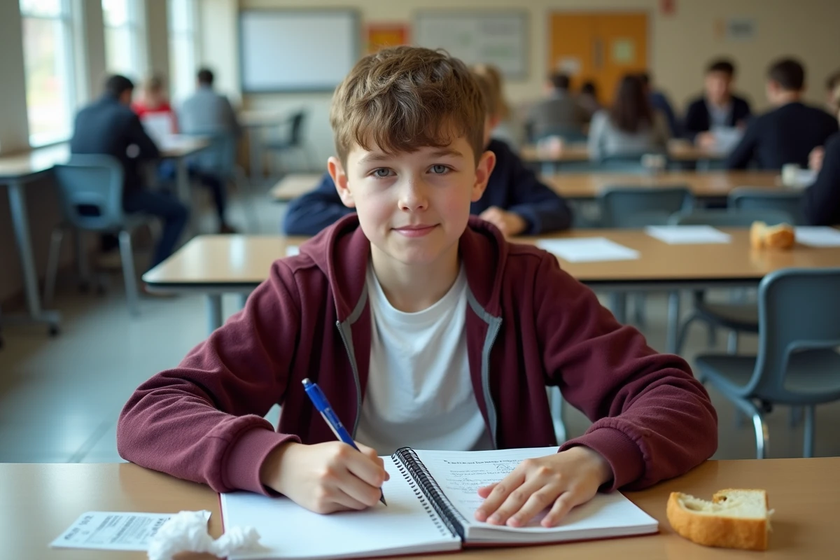 Adolescent rédigeant ses idées de délégué de classe dans un carnet pendant la pause déjeuner