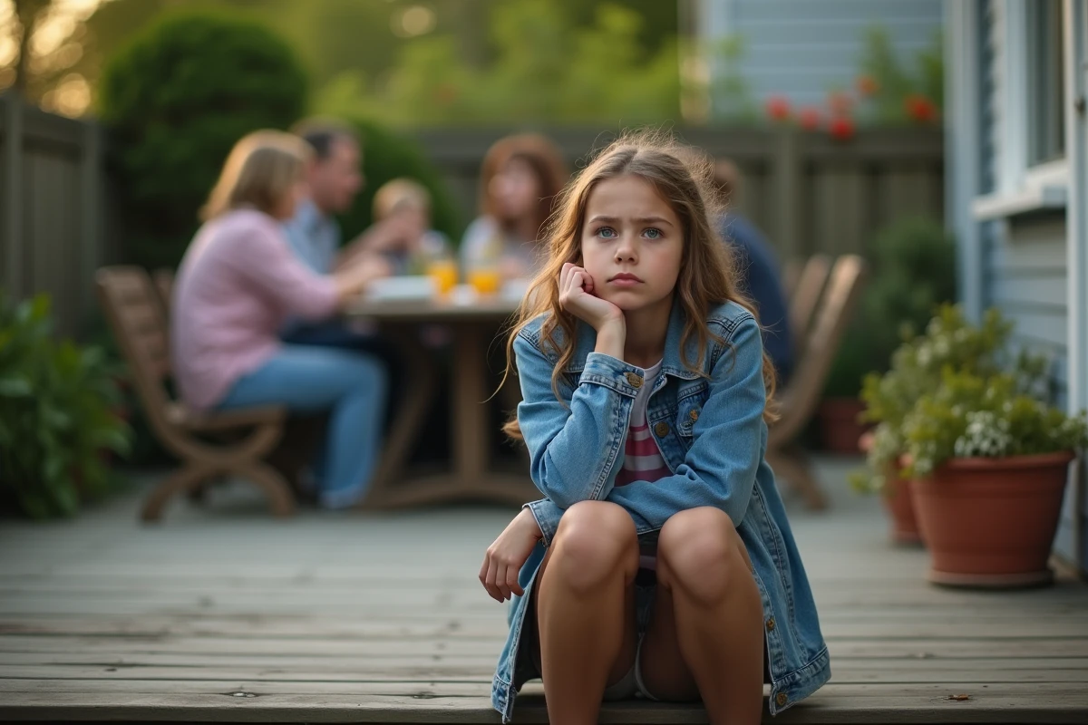 Adolescente assise seule sur les marches d'une terrasse lors d'un barbecue familial, l'air pensif et mal à l'aise