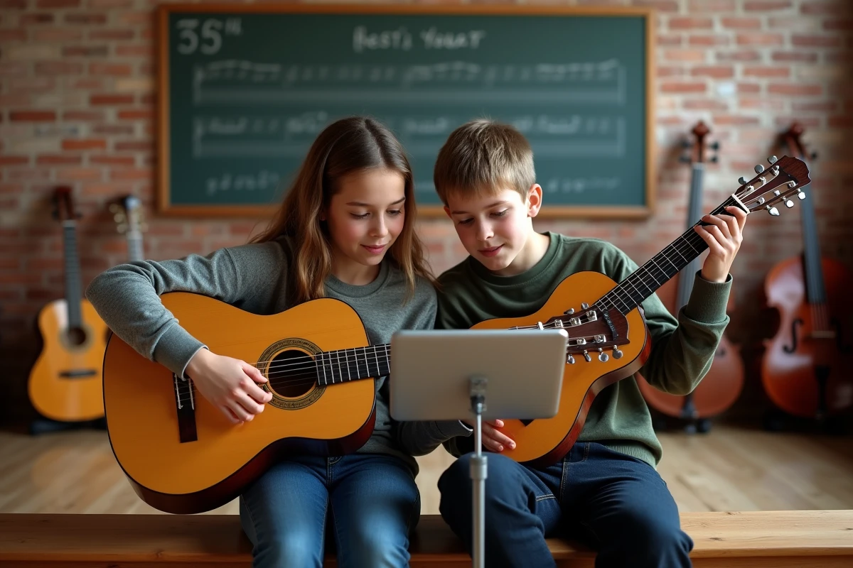 Deux adolescents jouant de la guitare ensemble en lisant une partition numérique sur une tablette dans une salle de répétition scolaire