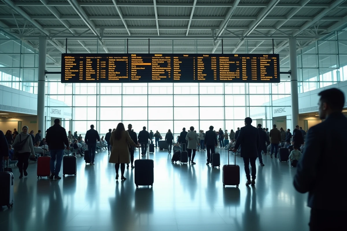 Hall de départ d'un aéroport international animé avec des voyageurs du monde entier et des tableaux de destinations