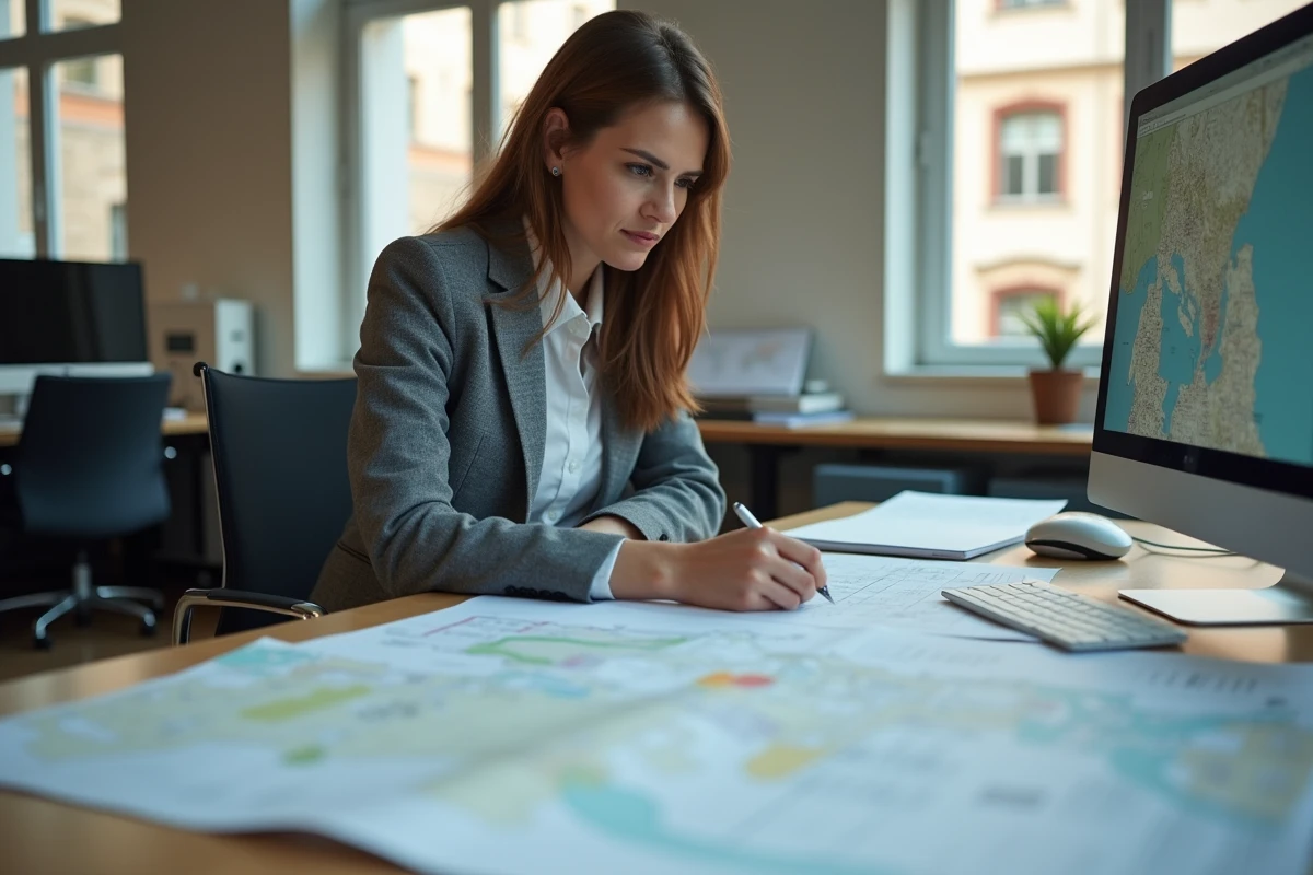 Agente municipale de l'urbanisme étudiant des permis de construire et des plans cadastraux dans un bureau administratif