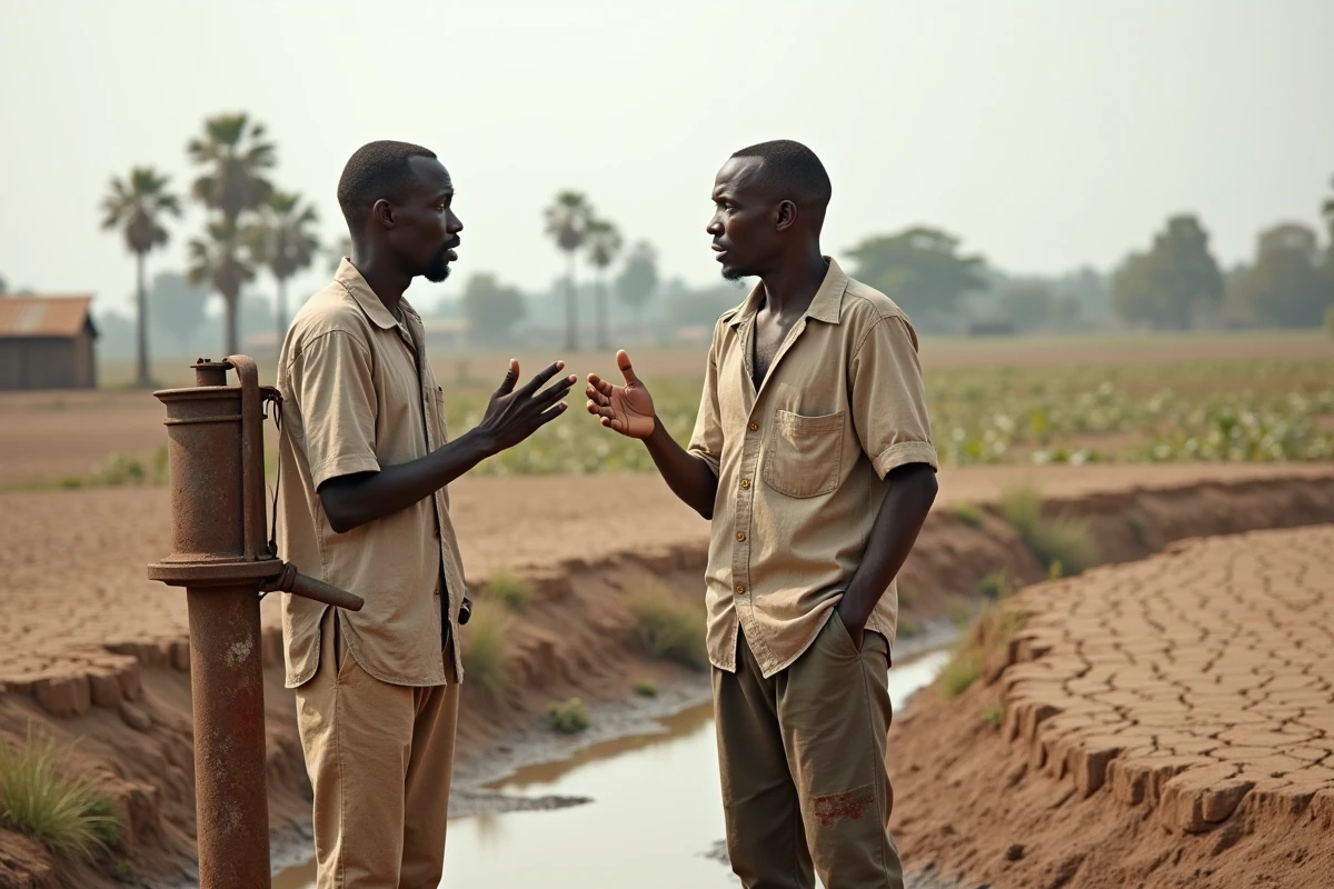 Deux agriculteurs burundais près d'une pompe à eau rouillée au bord d'une rivière asséchée, symbolisant les difficultés d'accès à l'eau pour l'agriculture au Burundi