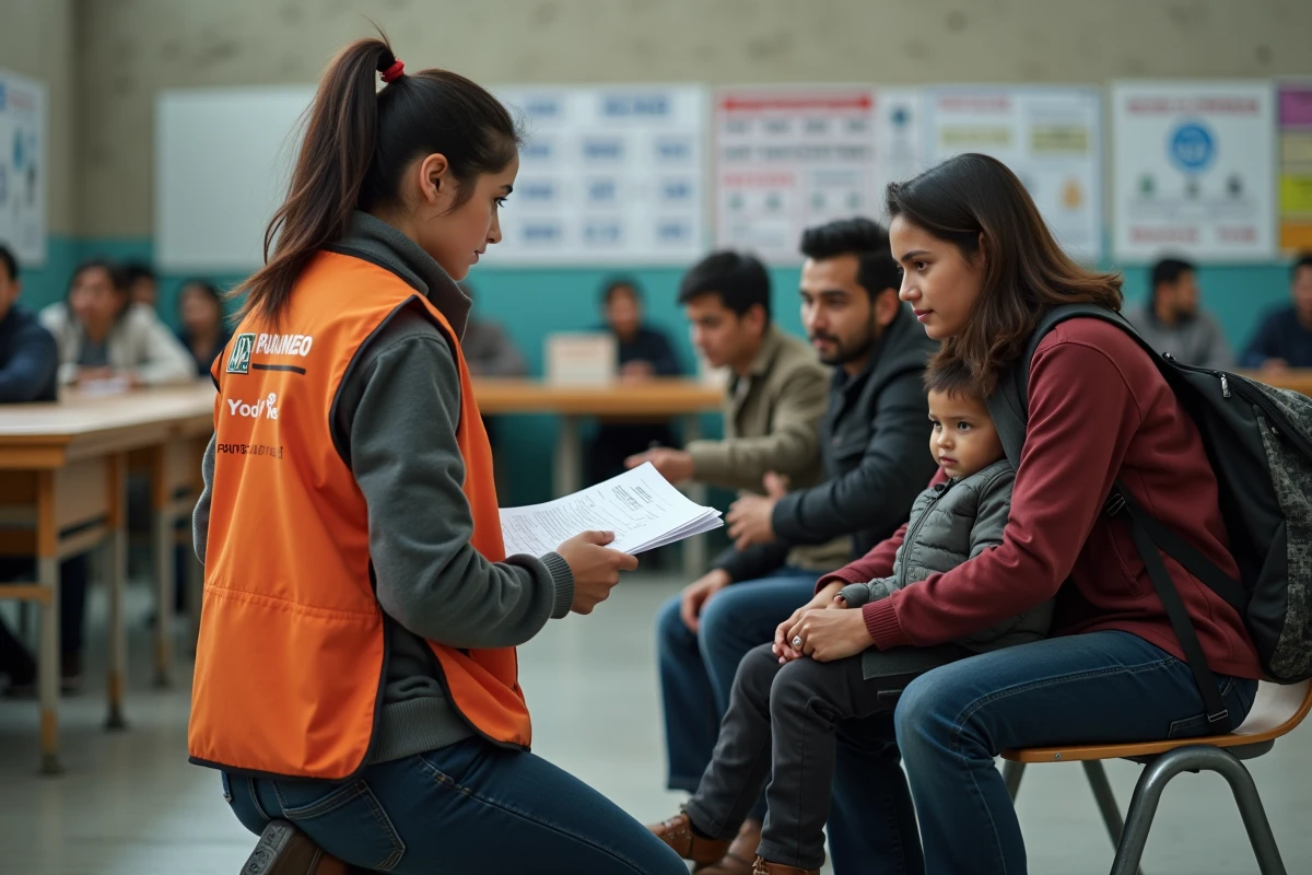 Travailleuse humanitaire assistant une famille de réfugiés dans un centre d'accueil, symbolisant les solutions d'intégration et d'aide aux migrants