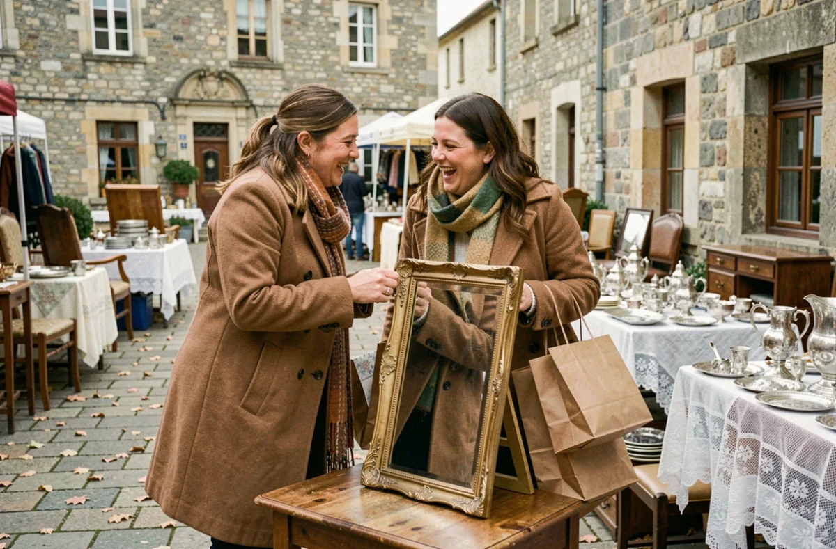 Deux amies riant en chinant un miroir doré dans une brocante de village des Yvelines en automne