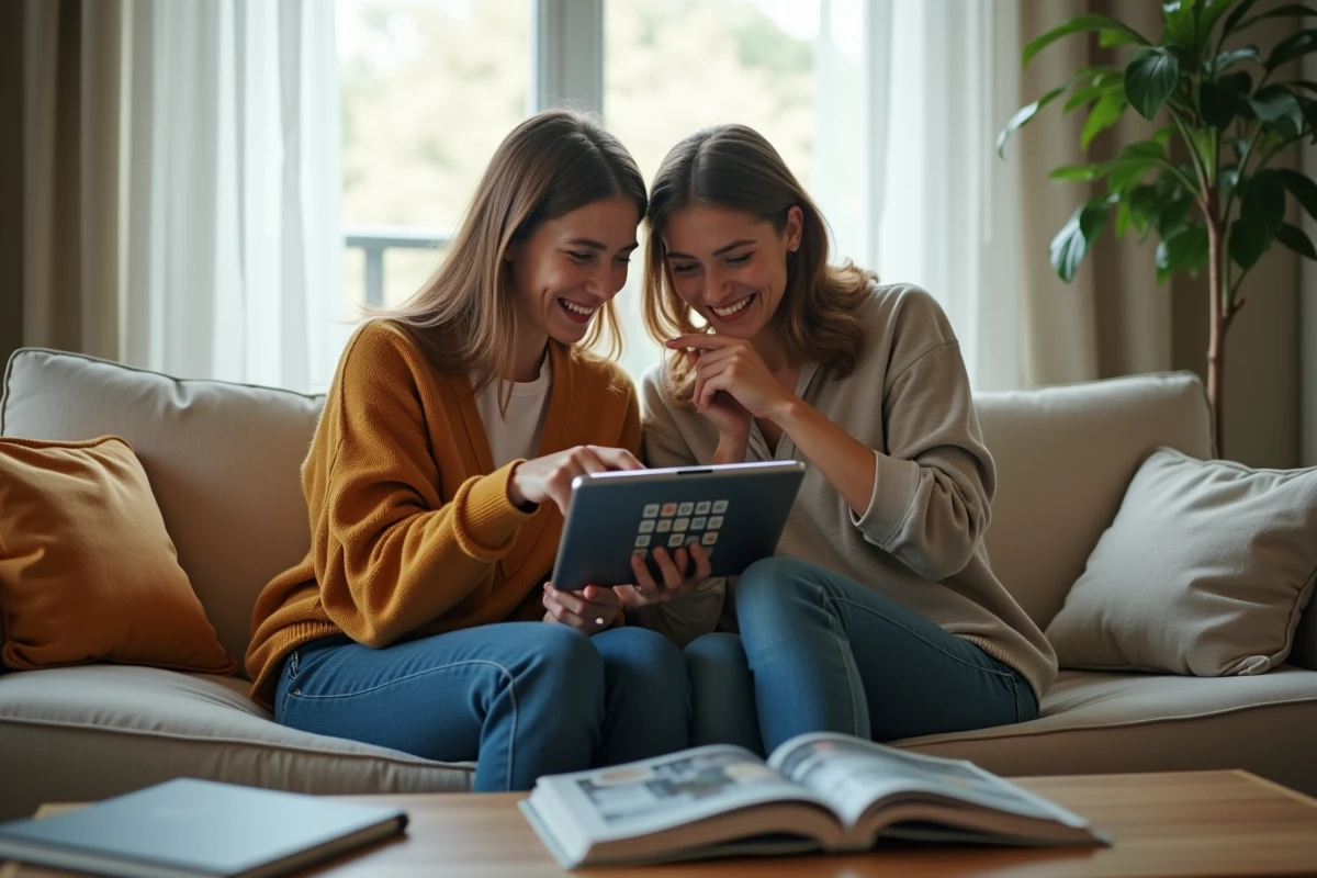 Deux amies jouant ensemble à un jeu de lettres Wordle sur une tablette dans un salon cosy