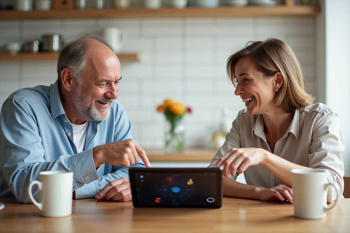 Deux amis jouant ensemble à la coinche en ligne sur une tablette dans une cuisine moderne
