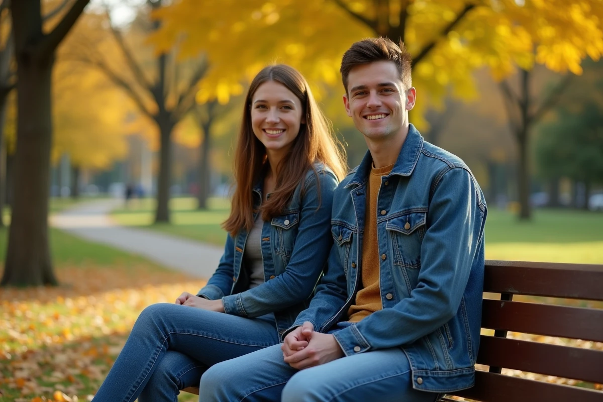 Deux amis portant des jeans slim fit assis dans un parc en automne