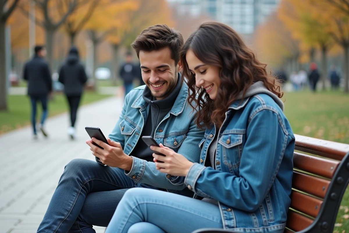 Deux amis partageant la lecture d'un manga sur smartphone dans un parc urbain en automne, alternative à Epsilon Scan