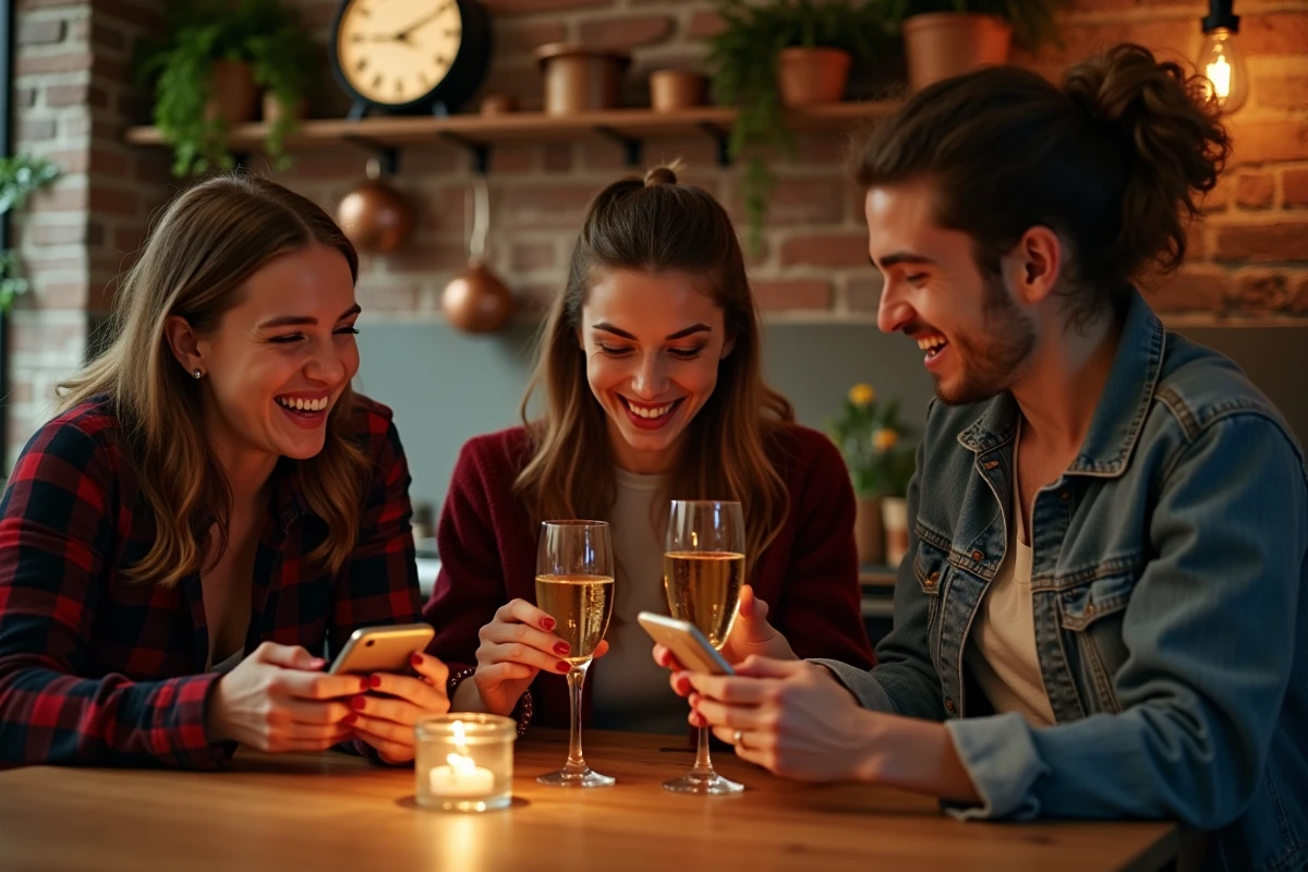 Groupe d'amis partageant des poèmes de nouvel an par SMS autour d'une table à minuit