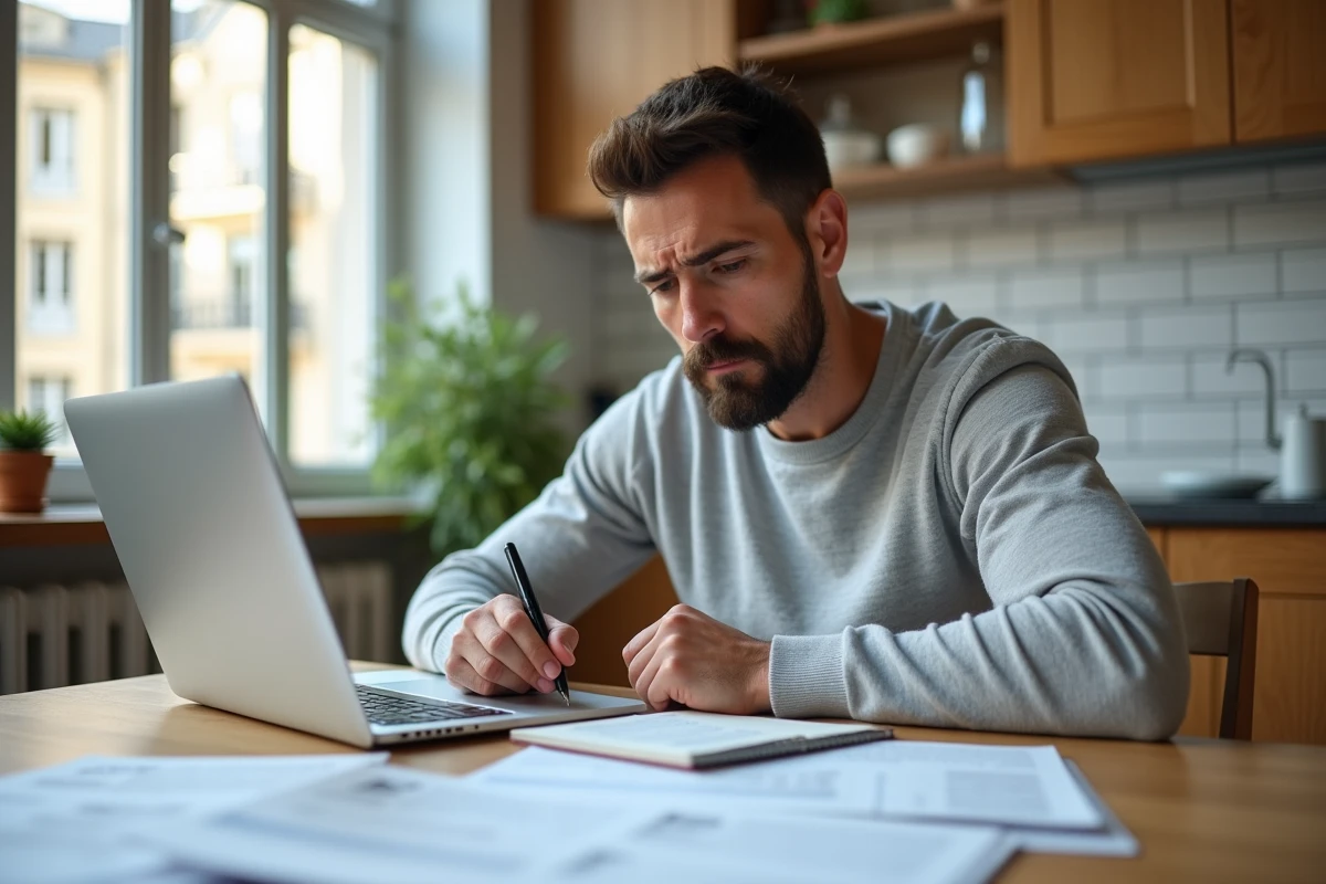 Un particulier analysant une facture de notaire avec des documents et un ordinateur portable à la maison