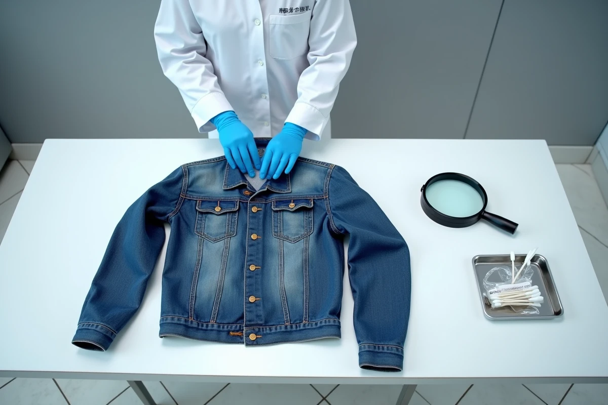 Mains gantées inspectant une veste en jean d'occasion sur une table de laboratoire avec outils d'analyse hygiénique