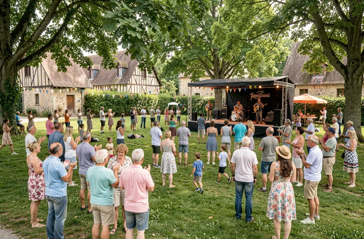 Animation musicale festive dans un parc de village de l'Yonne lors d'un événement estival en Bourgogne