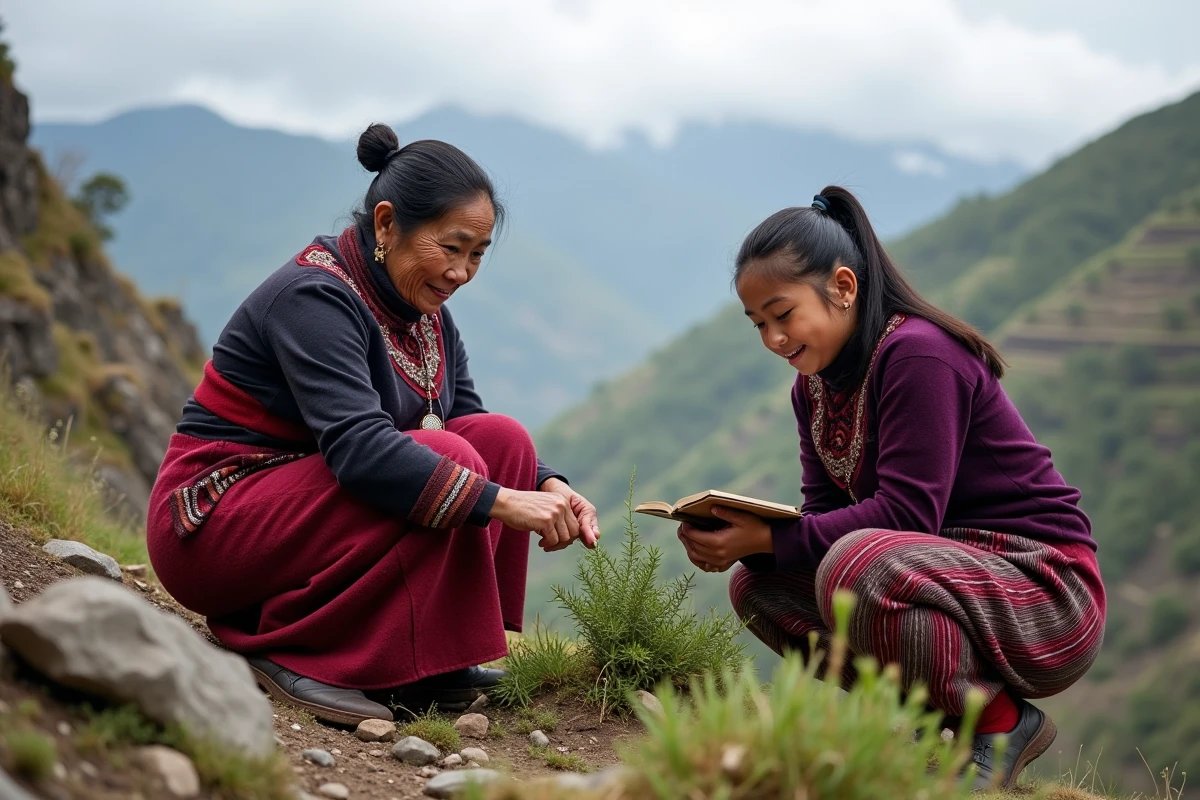 Apprentie guérisseuse andine apprenant les plantes médicinales auprès d'une maîtresse traditionnelle en montagne