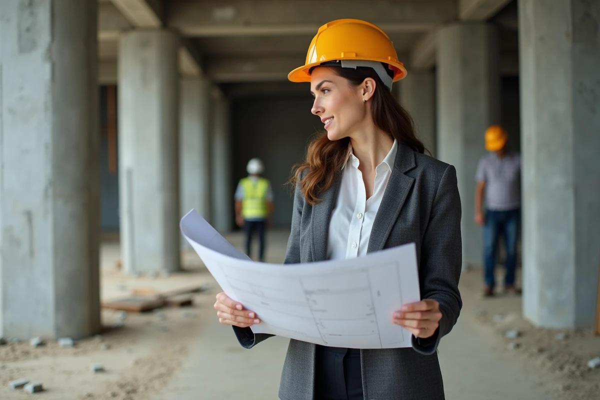 Architecte femme sur un chantier de construction consultant des plans techniques face aux contraintes structurelles