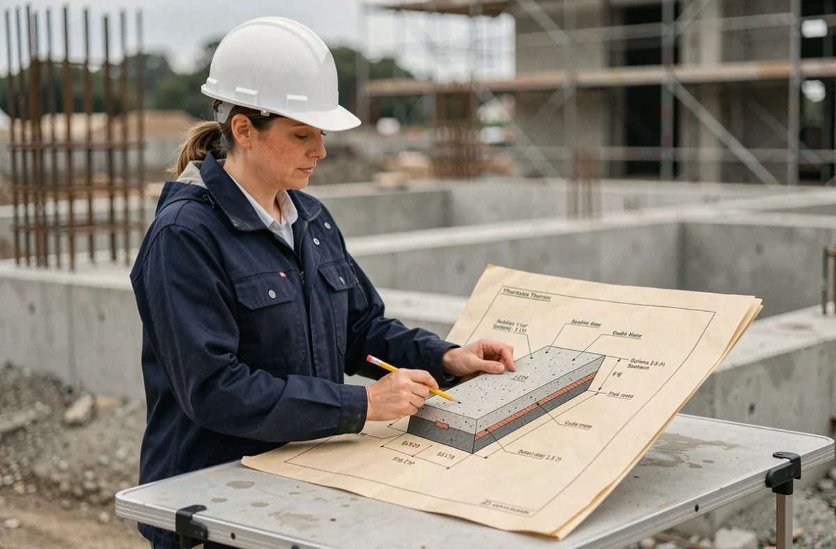 Architecte sur chantier consultant des plans techniques pour calculer le volume de béton en m3 d'une dalle