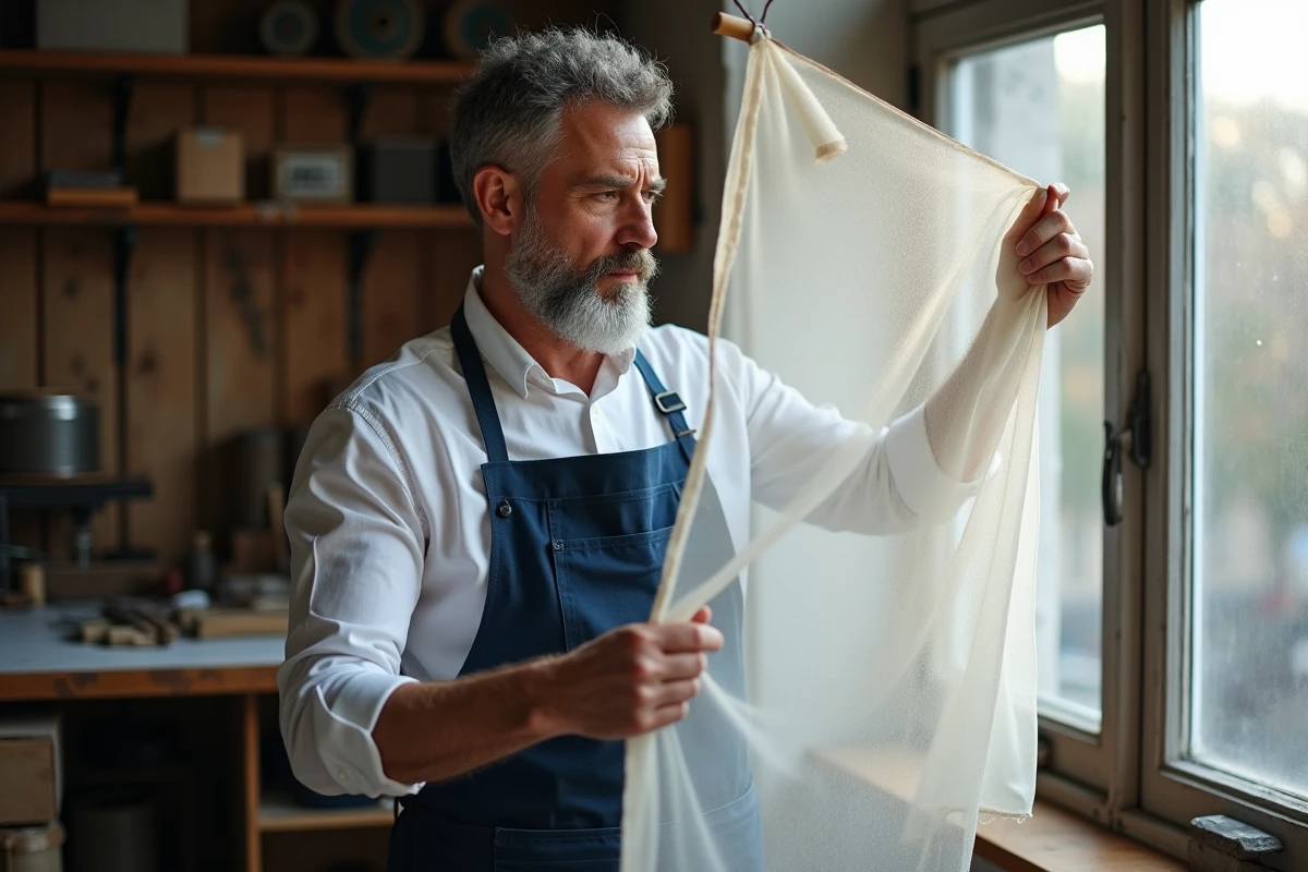 Artisan tisserand inspectant une soie organza dans un atelier textile traditionnel de Lyon