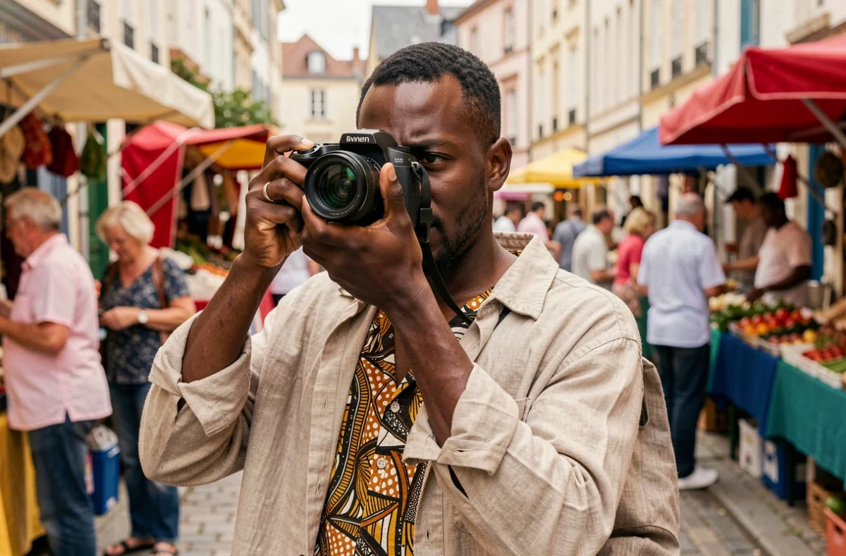 Photographe homme en chemise wax photographiant un marché de rue animé dans le quartier Saint-Hélier à Rennes – Balde A.