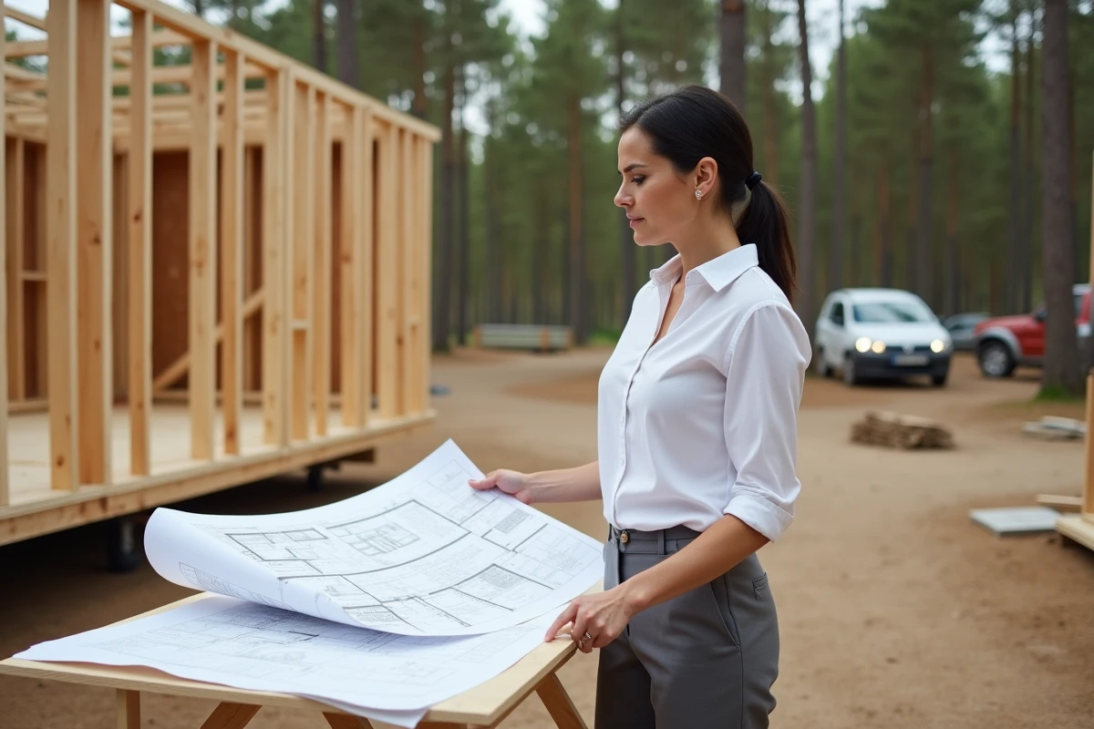Architecte étudiant les plans d'un bâtiment saisonnier temporaire sur chantier en France, structure exemptée de DPE obligatoire