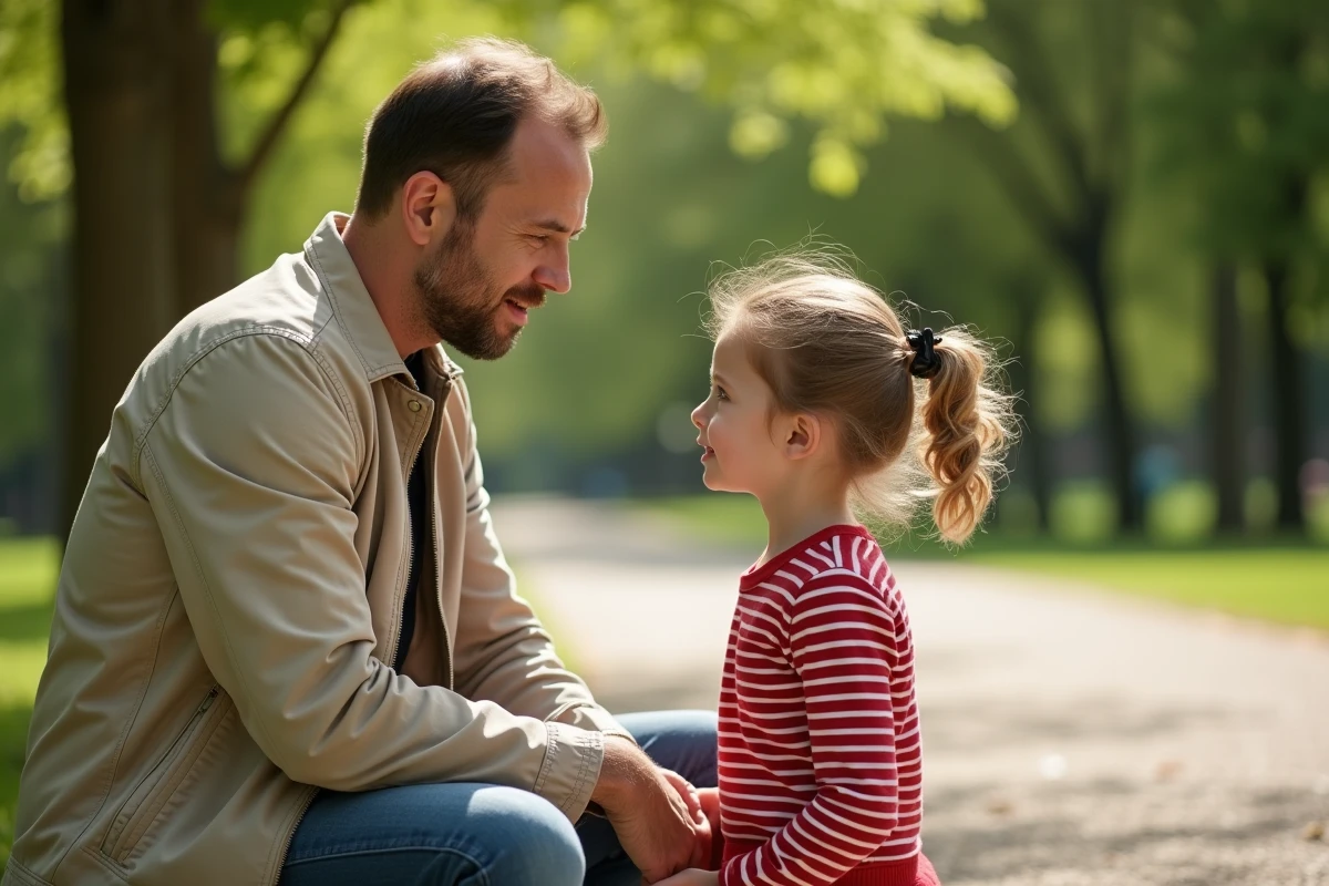 Homme accroupi face à une jeune fille dans un parc, relation bienveillante entre beau-père et enfant