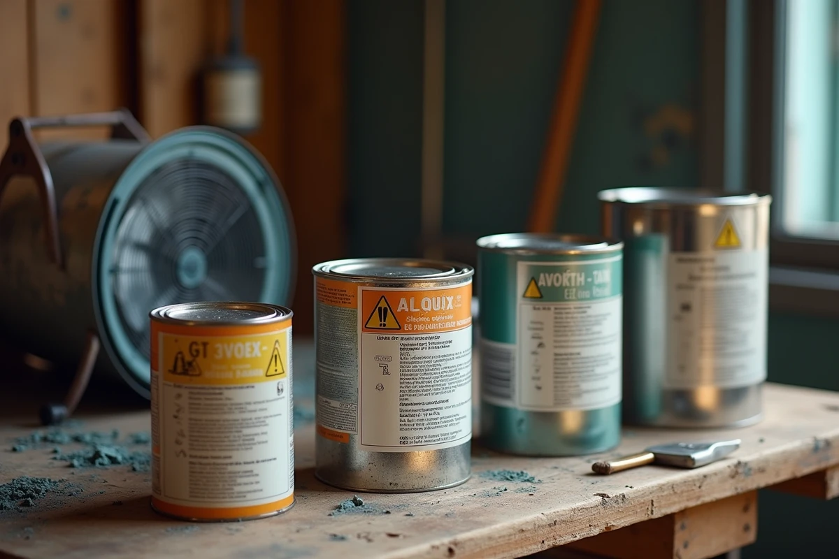 Bidons de peinture ouverts avec étiquettes d'avertissement chimique COV sur un établi d'atelier
