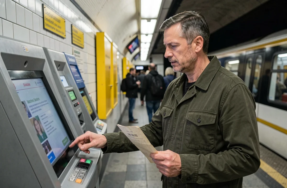 Personne consultant une borne RATP avec un PV illisible à la main dans une station de métro