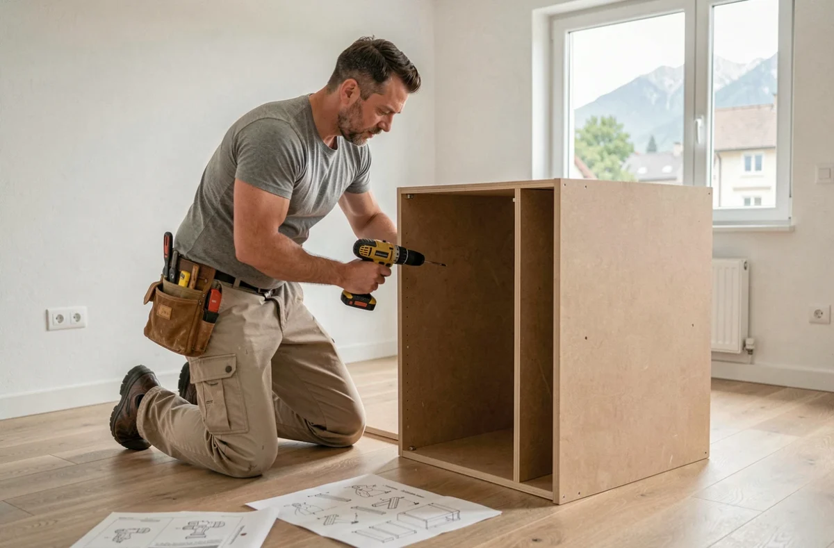 Bricoleur professionnel Brico Dépa'n assemblant une armoire en kit dans une chambre vide d'un appartement neuf à Annecy