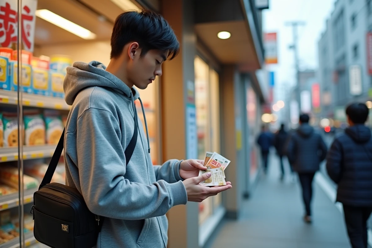 Voyageur tenant des yens en pièces et billets devant un konbini japonais à Osaka pour évaluer les dépenses quotidiennes