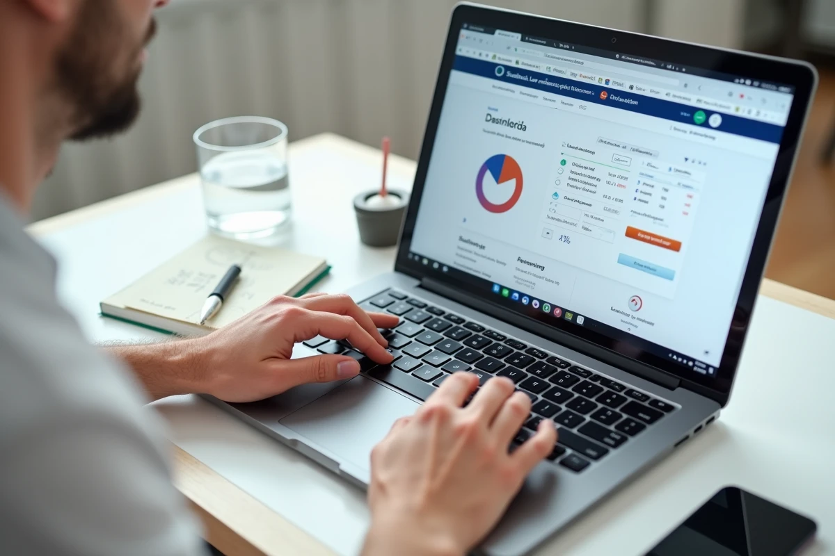 Mains utilisant un calculateur de remboursement de prêt étudiant sur un ordinateur portable avec des notes financières manuscrites