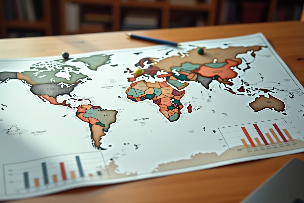 Carte du monde avec données comparatives sur la taille moyenne par pays posée sur un bureau de chercheur
