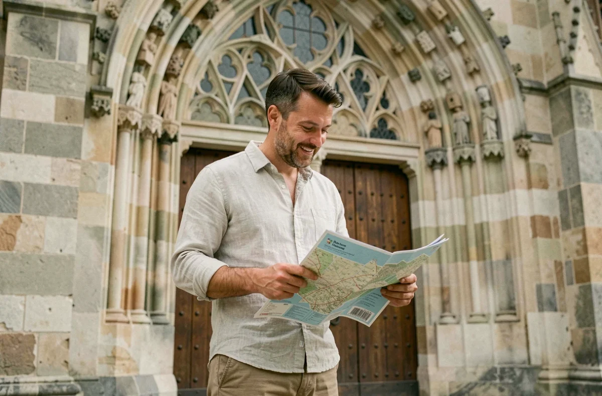 Touriste devant le portail gothique de la cathédrale Saint-Luperc à Eauze dans le Gers