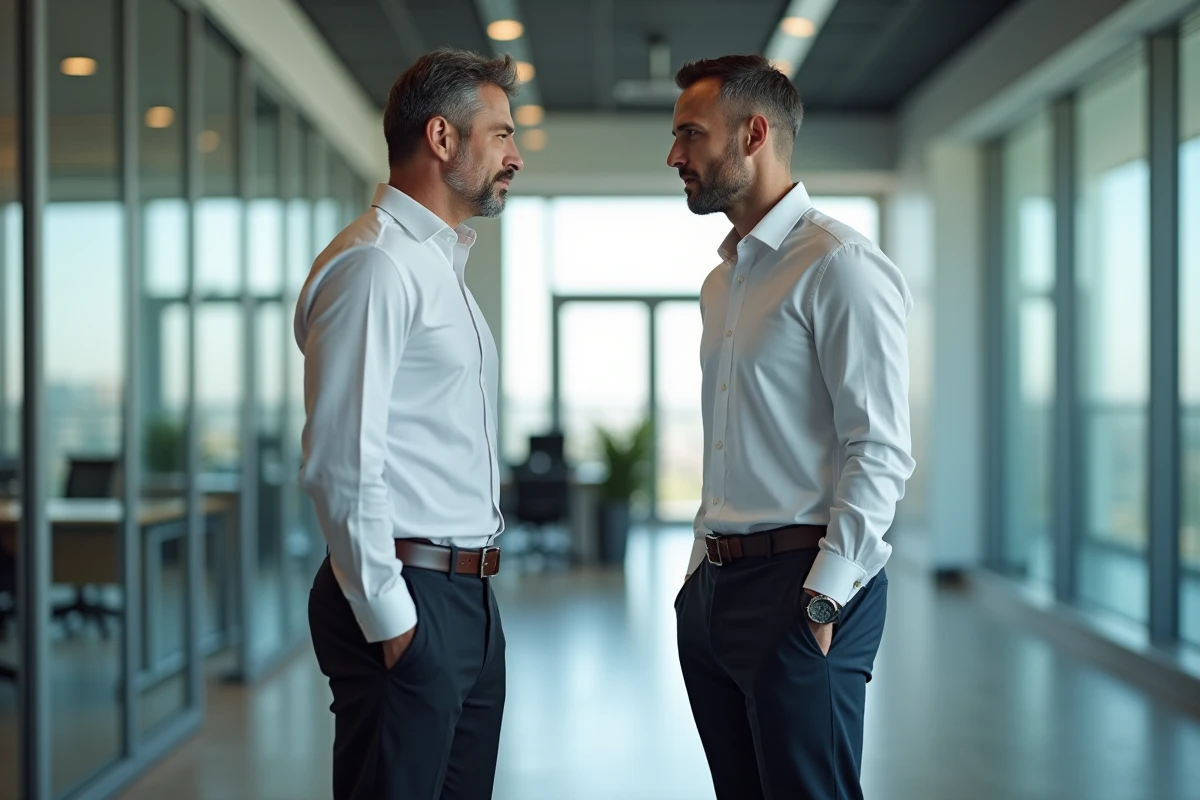 Homme en réunion de bureau adoptant deux postures opposées symbolisant l'adaptabilité comportementale et le changement de personnalité