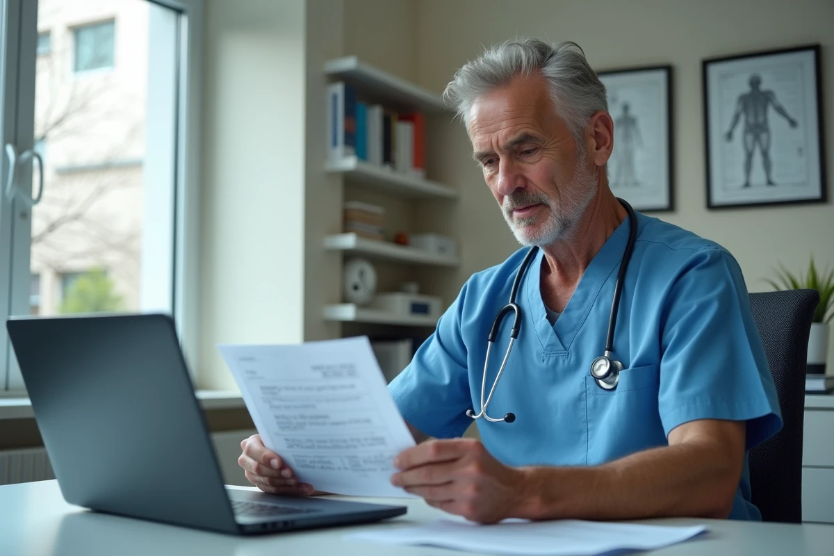 Chirurgien expérimenté analysant un dossier médical manuscrit à côté d'une interface de diagnostic par intelligence artificielle, soulignant le rôle irremplaçable du jugement humain en médecine