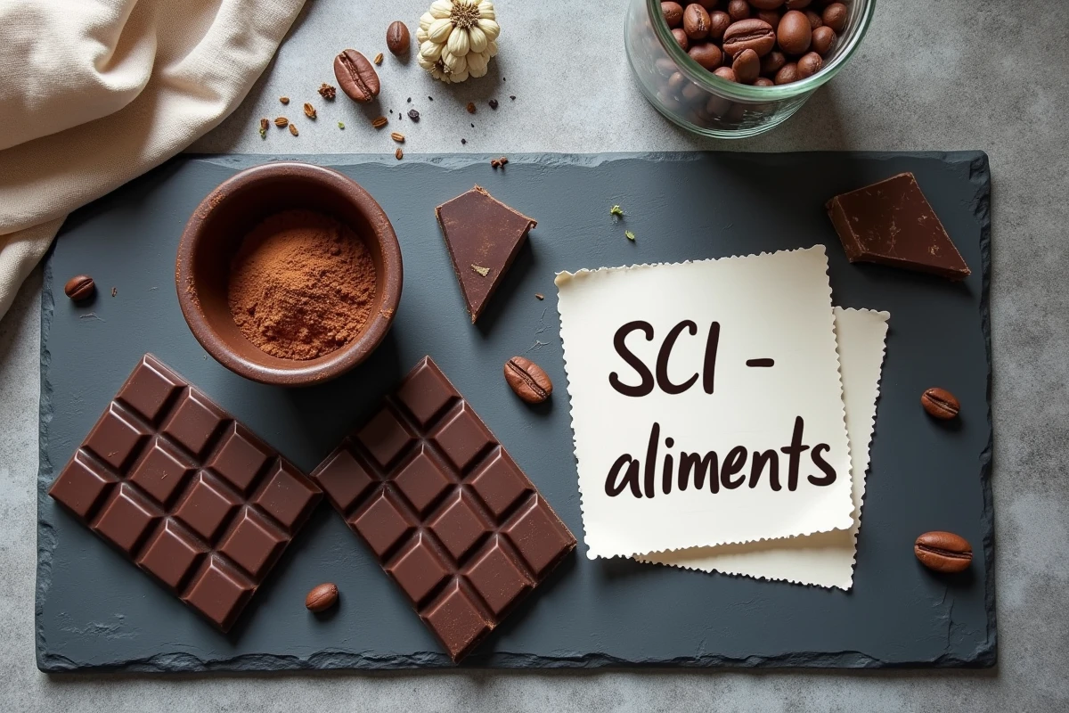 Assortiment de chocolat noir, poudre de cacao et fèves de cacao sur ardoise pour illustrer l'impact du chocolat sur le côlon irritable