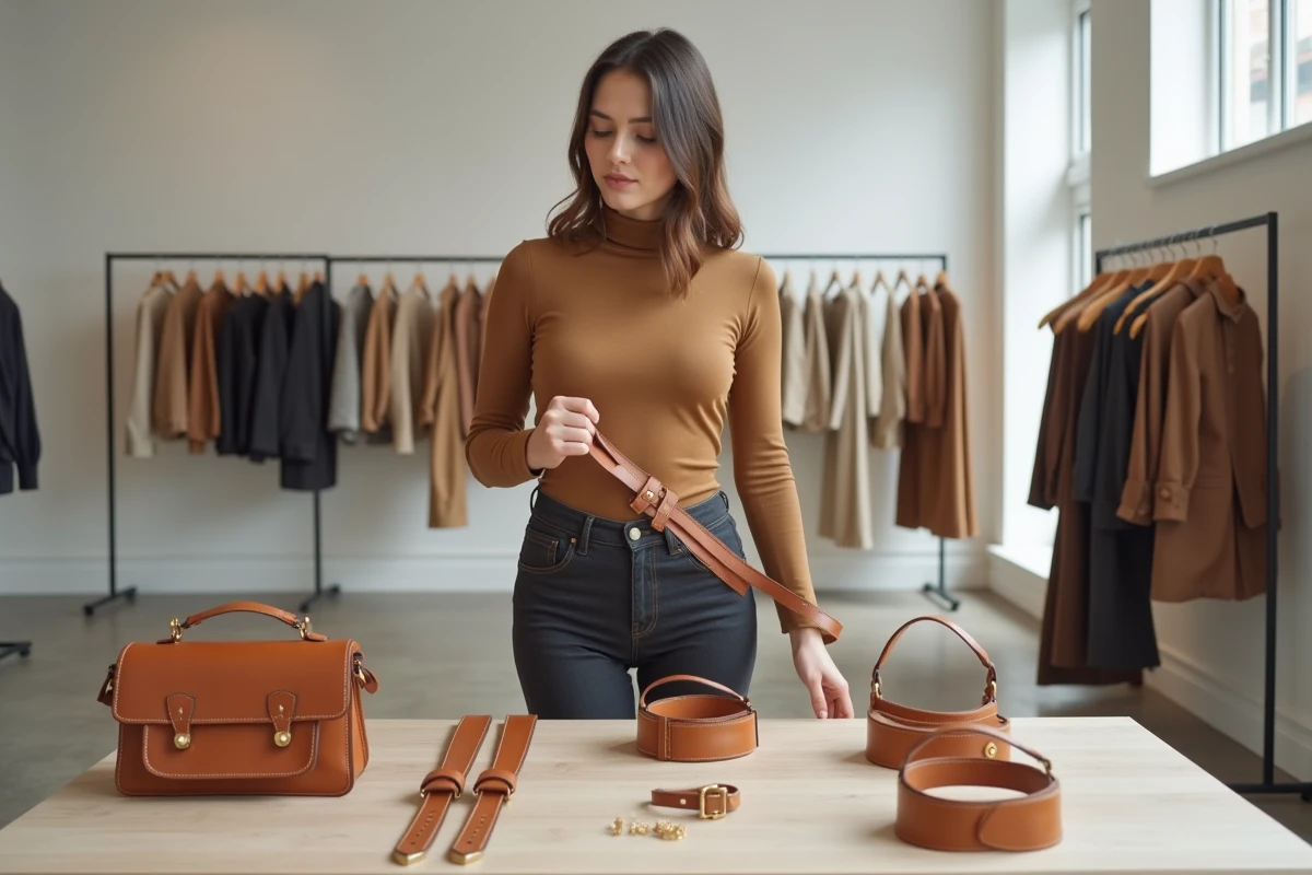 Femme choisissant des accessoires mode dans une boutique minimaliste parisienne