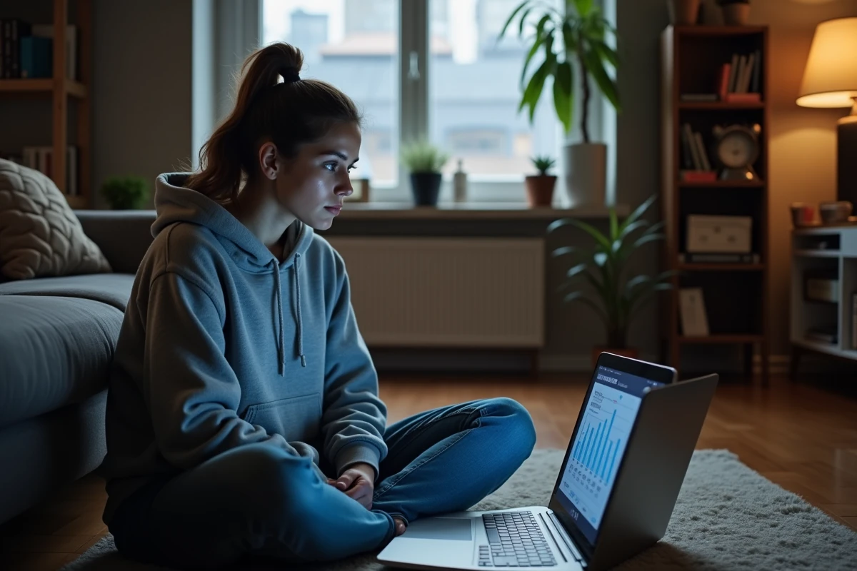 Jeune femme réfléchissant au coût de l'exploration spatiale devant un ordinateur portable affichant des données budgétaires de la NASA