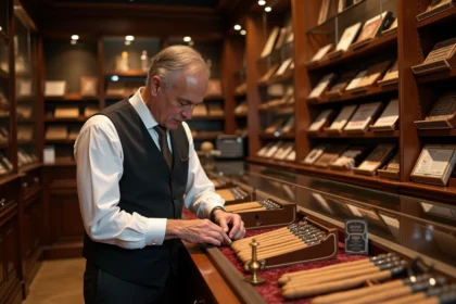 Intérieur d'une civette parisienne haut de gamme avec présentoirs de cigares et pipes artisanales sur des étagères en acajou