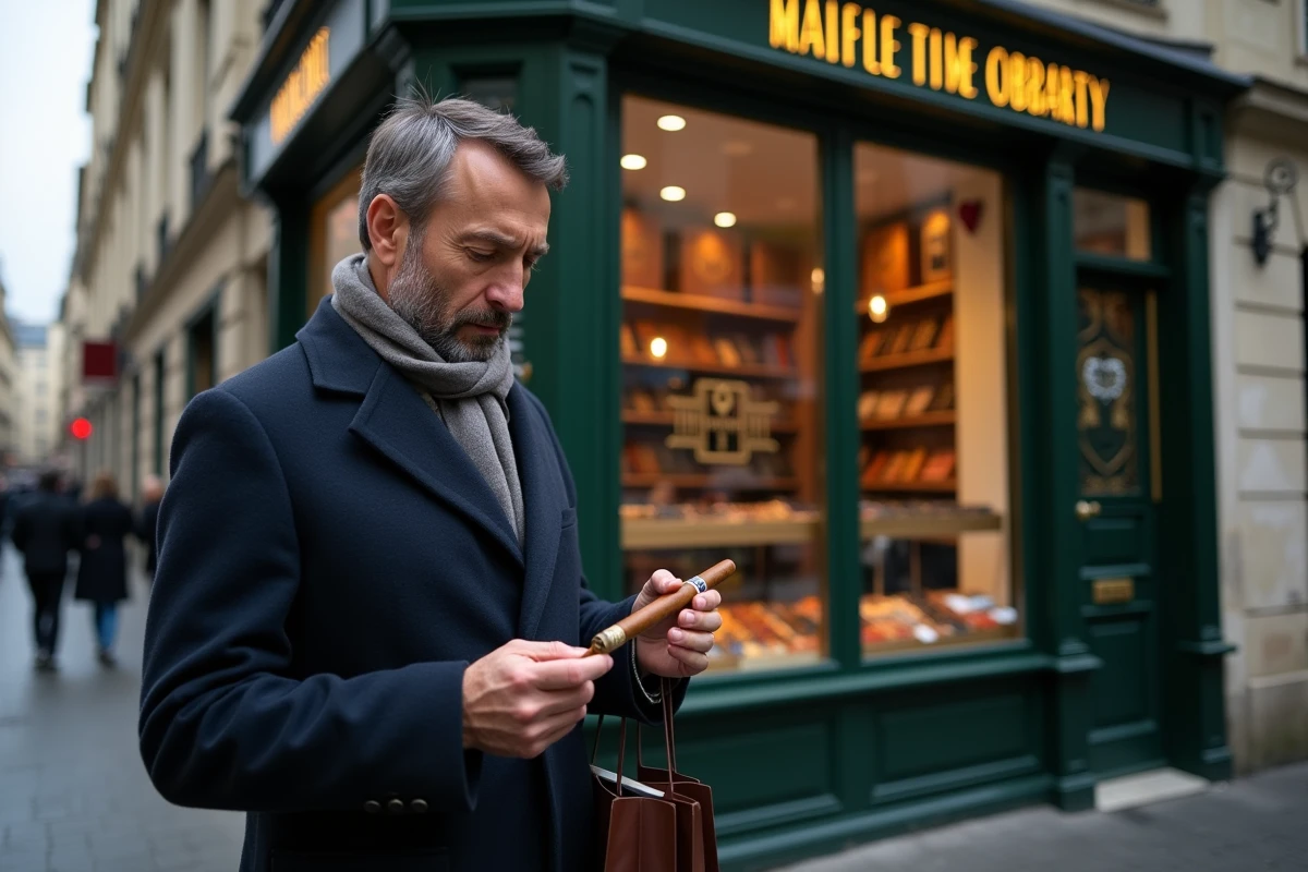 Homme élégant examinant un cigare premium devant la devanture d'une civette traditionnelle parisienne dans le Marais