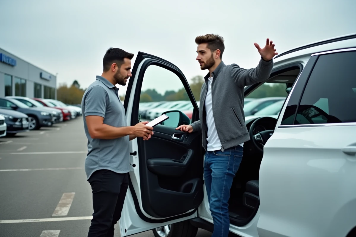 Client potentiel inspectant l'intérieur d'un SUV blanc accompagné d'un vendeur dans un parc automobile