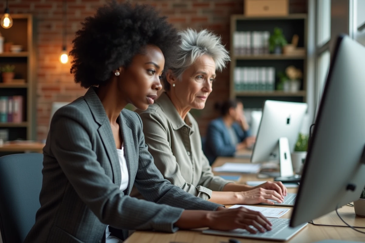 Deux collègues de générations différentes collaborant sur un projet devant un écran, symbole de la diversité intergénérationnelle au travail