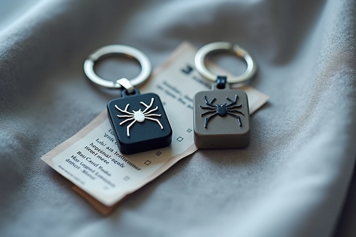 Comparaison de deux porte-clés Hunter x Hunter araignée authentique et contrefait côte à côte sur tissu gris