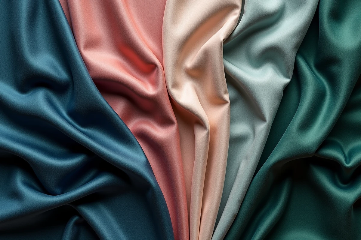 Collection de tissus soyeux comparés sur fond ardoise, soie charmeuse, satin, cachemire et jersey bambou